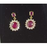 14ct yellow gold, ruby and diamond drop earrings