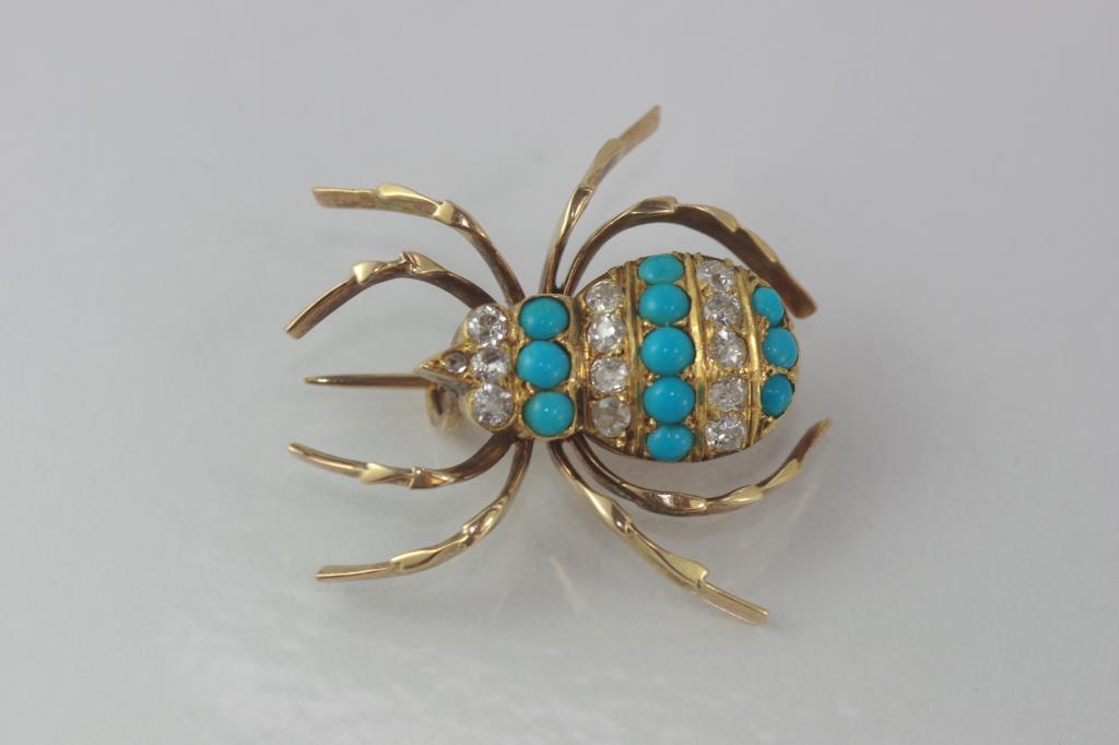 Antique 15ct, diamond and turquoise spider brooch - Image 2 of 2