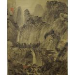 Chinese scroll mountain & waterfall scene