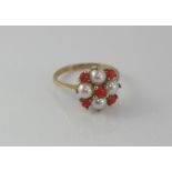 9ct yellow gold ring with coral and pearls