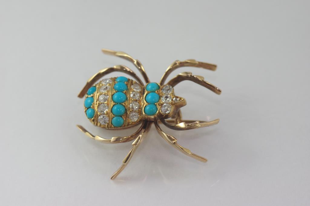 Antique 15ct, diamond and turquoise spider brooch