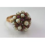 Vintage 9ct gold, pearl and red gem cluster ring