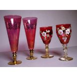 Two various pairs antique ruby glass wine goblets