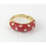 9ct yellow gold, red enamel and diamond ring