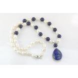 Lapis lazuli and pearl necklace with lapis pendant