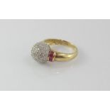 9ct yellow gold, diamond and ruby ball ring