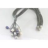 Grey leather and multi-coloured pearl necklace