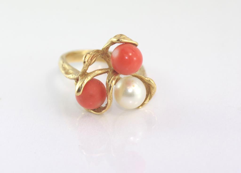 Yellow gold, coral and pearl ring marked 14K - Image 2 of 2