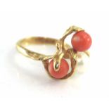 Yellow gold, coral and pearl ring marked 14K