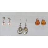 Three various pairs of silver stone set earrings