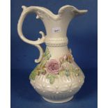 Large Belleek floral encrusted jug