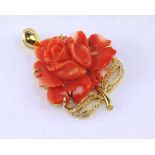 18ct gold, diamond and carved coral rose pendant