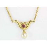 18ct yellow gold, tourmaline & pearl necklace