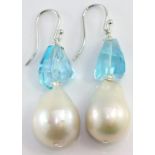 9ct white gold baroque pearl and topaz earrings