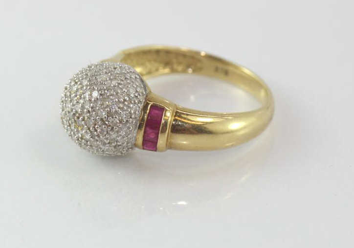 9ct yellow gold, diamond and ruby ball ring