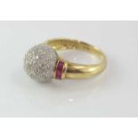 9ct yellow gold, diamond and ruby ball ring