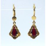 14ct yellow gold and red crystal set drop earrings