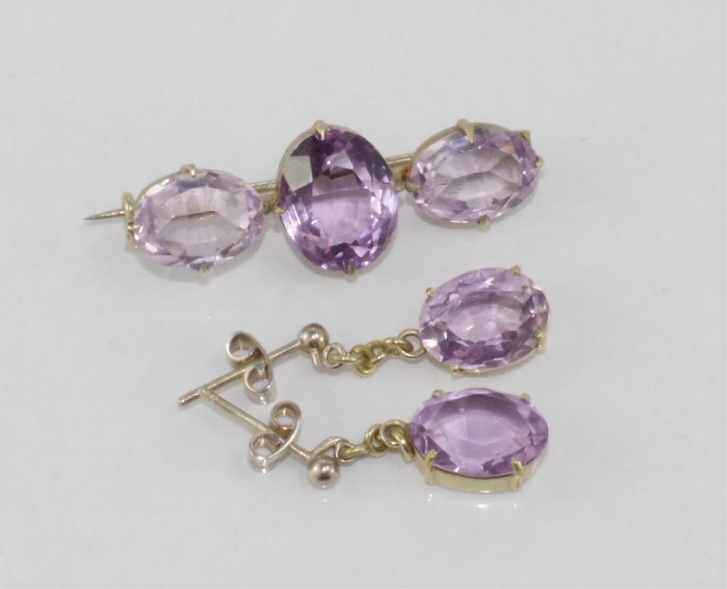 Antique silver & amethyst brooch and earrings set - Image 2 of 2