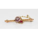 9ct gold bar brooch with amethyst fly