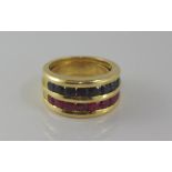 18ct yellow gold, ruby and sapphire ring