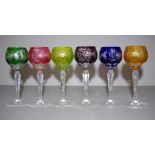 Set six coloured crystal liqueur glasses