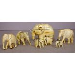 Seven Oriental carved ivory elephant figures