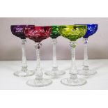 Set five coloured cut crystal liqueur glasses