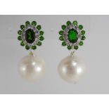 A pair of silver, pearl & green diopside earrings