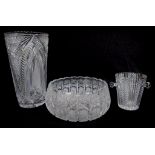 Large cut crystal vase, bowl & an ice bucket
