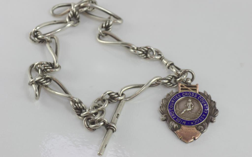 Hallmarked silver fob chain with t-bar and fob