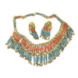 Egyptian revival coral necklace & earring set