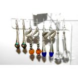 Four pairs silver and coloured stone earrings