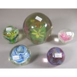 Collection five various glass paperweights