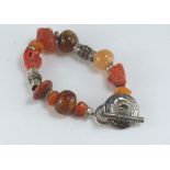 Silver, coral, amber and stone bracelet