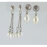 Two pairs of white pearl drop earrings