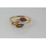 9ct gold, smokey quartz, citrine & garnet ring