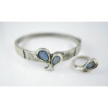 A handmade silver & opal hinged bracelet & ring