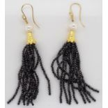 Pair pearl and onyx tassel earrings