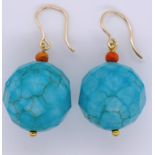 Pair of turquoise, coral and 9ct gold earrings