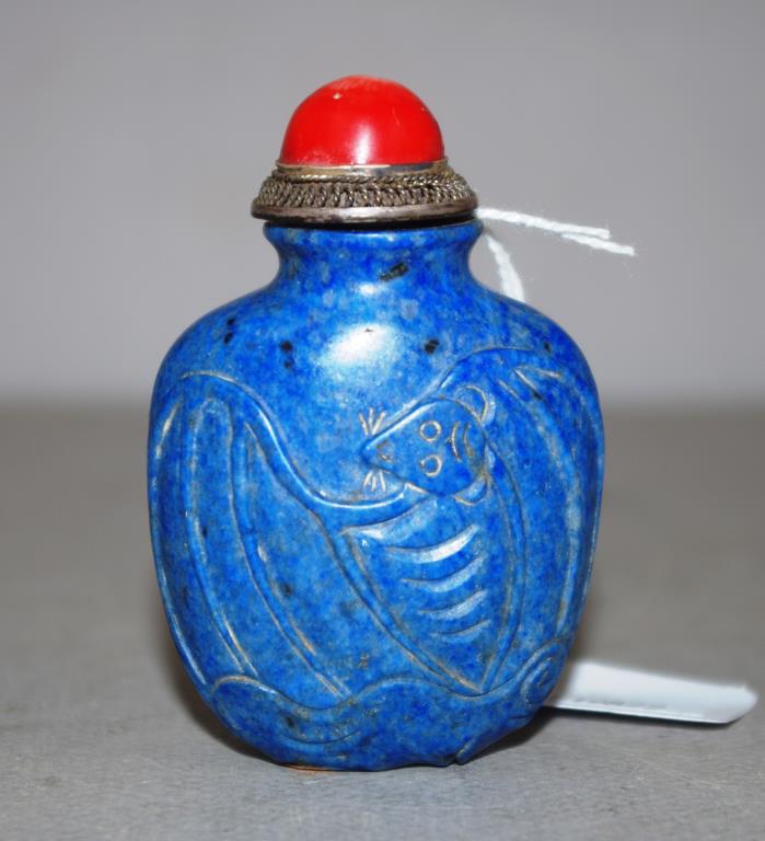 Chinese lapis with coral stone top snuff bottle