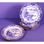 Six 18th C: Chinese export blue & white plates