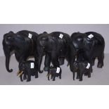 Five carved ebony elephant figurines