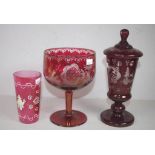 Three pieces vintage cranberry glass