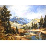 Pat Godfrey 1934-."river & mountains" oil on board