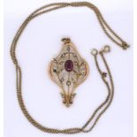 Antique 9ct gold seed pearl and amethyst pendant