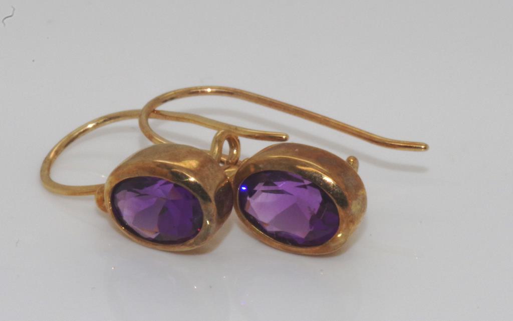 Pair of 9ct gold and amethyst drop earrings