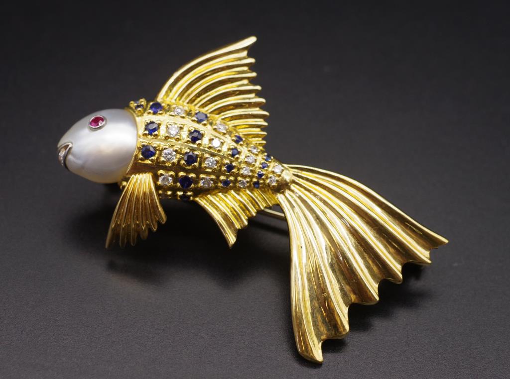 A pearl, diamond and sapphire fish form brooch