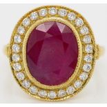 5.5ct ruby diamond halo 18ct yellow gold ring