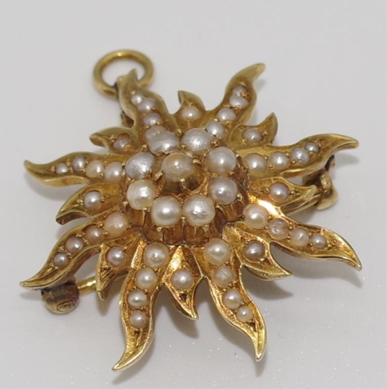 10ct gold and seed pearl star burst brooch