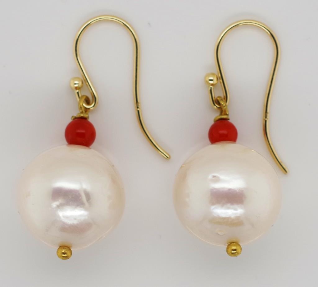 Pair of white pearl, coral and 9ct gold earrings - Image 2 of 2